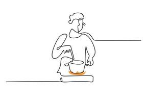 Continuous one single line of man cooking with plate and stove vector