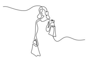 Continuous one single line of girl bring shopping bag vector