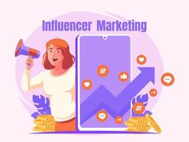 concepto de marketing de influencers con mujer sosteniendo megáfono vector