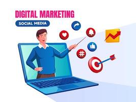 Digital Marketing Social Media with a man and a laptop symbol vector