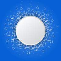 Effervescent soap bubbles frame. Blue foam suds isolated on white background. Realistic vector illustration