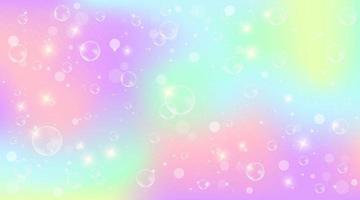 Pastel rainbow background with soap bubbles. Fantasy neon unicorn pattern. Bright multicolored sky with stars. Vector illustration.