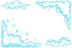 Cartoon soap foam set with bubbles. Light blue suds of bath, shampoo, shaving, mousse. Vector frame. EPS 10