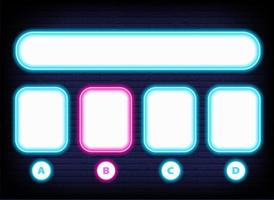 Neon quiz game template. Four options answers for knowledge exam in school, tv show. Vector Illustration 10 eps