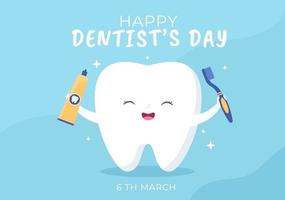día mundial del dentista con dientes y cepillos de dientes para prevenir las caries y la atención médica en una ilustración de fondo de caricatura plana adecuada para afiches o pancartas