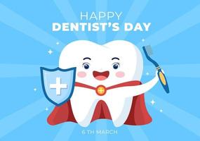 día mundial del dentista con dientes y cepillos de dientes para prevenir las caries y la atención médica en una ilustración de fondo de caricatura plana adecuada para afiches o pancartas