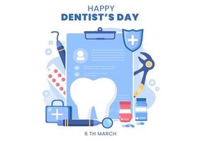 día mundial del dentista con dientes y odontología para prevenir las caries y la atención médica en una ilustración de fondo de caricatura plana adecuada para afiches o pancartas vector