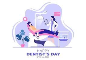 día mundial del dentista con odontología y paciente en sillón en ilustración de fondo de caricatura plana adecuada para afiche o pancarta vector