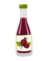 Bottle with red beetroot juice, whole vegetables with leaves and half. Delicious healthy drink and product. Food vector flat illustration