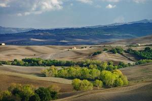 otoño en italia. colinas aradas amarillas de toscana con sombras y líneas interesantes foto