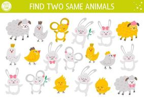 encontrar dos animales iguales. actividad de emparejamiento de pascua para niños. divertida hoja de trabajo de prueba lógica educativa de primavera para niños. juego imprimible simple con lindo conejito, oveja, ratón, pollito, pájaro vector