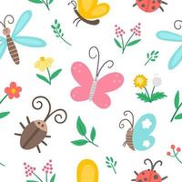 Vector flat insect and first flower seamless pattern. Funny spring garden repeating background. Cute ladybug, butterfly, beetle, dandelion digital paper for kids. Bugs and plants texture