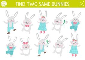 Find two same bunnies. Easter matching activity for children. Funny spring educational logical quiz worksheet for kids. Simple printable game with cute rabbits vector
