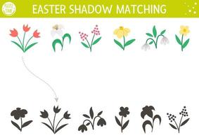 Easter shadow matching activity for children. Fun spring puzzle with cute first flowers. Holiday celebration educational game for kids. Find the correct silhouette printable worksheet. vector
