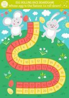 Easter egg rolling race board game for children with cute bunny and mouse. Educational holiday dice boardgame with colored eggs. Traditional spring educational activity. Printable worksheet vector
