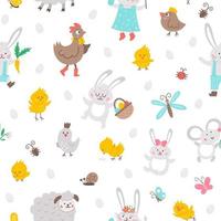 Vector Easter characters seamless pattern. Spring birds and insects repeating background. Cute animal digital paper for kids. Funny bunny family, chicks, hen, sheep, butterfly texture