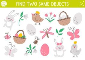 Find two same objects. Easter matching activity for children. Funny spring educational logical quiz worksheet for kids. Simple printable game with cute bird, egg, bunny, basket, flower vector