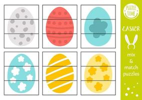 Vector Easter mix and match puzzle with traditional holiday symbols. Spring cut out matching activity for preschool children. Educational printable game for kids with colored decorated eggs