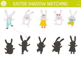 Actividad de combinación de sombras de Pascua para niños con familia de conejitos. divertido rompecabezas de primavera con lindos animales. juego educativo de celebración navideña para niños. encuentre la hoja de trabajo imprimible de silueta correcta. vector