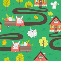 Vector Easter seamless pattern with bunny driving the car with eggs and carrots to country house. Garden repeating background scene with cute animals. Spring gardening digital paper