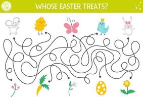 Easter maze for children with cute animals and presents. Holiday preschool printable educational activity with chicken, mouse, bunny, bird. Funny spring game or puzzle with cute characters. vector