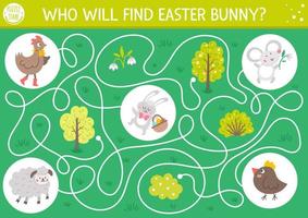 Easter maze for children. Holiday preschool printable educational activity. Funny spring garden game or puzzle with cute animals. Who will find Easter bunny
