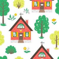 Vector seamless pattern with garden or trees, plants, flowers and country house. Flat spring farm repeating background with cottage. Natural greenery digital paper