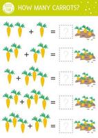 Easter counting game with carrots. Holiday activity for preschool children with garden theme. Educational spring printable math worksheet. Addition puzzle for kids vector