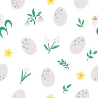 Vector Easter seamless pattern with eggs and first flowers. Spring flat repeating background with decorative elements. Traditional holiday digital paper with life beginning concept