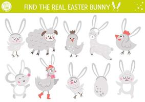 Find real bunny. Easter matching activity for children. Funny spring educational logical quiz worksheet for kids. Simple printable game with cute animals with rabbits ears vector