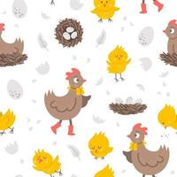 Vector seamless pattern with cute hen, little chicks, eggs, nest. Spring or Easter funny repeating background for kids. Farm bird digital paper