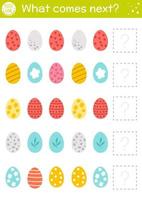 What comes next with colored decorated eggs. Easter matching activity for preschool children with traditional holiday symbols. Funny spring puzzle. Logical worksheet. Continue the row. vector