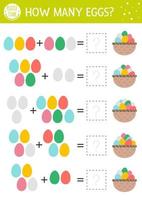 juego de conteo de pascua con huevos de colores y canasta. actividad de vacaciones para niños en edad preescolar. hoja de trabajo de matemáticas imprimible de primavera educativa. rompecabezas de suma para niños vector