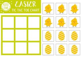 Vector Easter tic tac toe chart with cute chicken and egg. Holiday board game playing field with traditional character. Funny spring printable worksheet for kids. Noughts and crosses grid