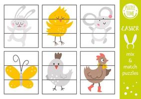 rompecabezas de mezcla y combinación de pascua vectorial con personajes tradicionales de vacaciones. actividad de coincidencia de recortes de primavera para niños en edad preescolar. juego educativo imprimible para niños con conejito, gallina, pollo, mariposa vector