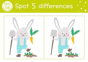 Easter find differences game for children. Holiday educational activity with funny bunny planting a carrot. Printable worksheet with cute character. Spring puzzle for kids. vector