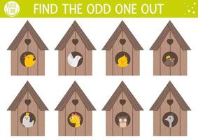 Easter find odd one out activity for children with nestlings in bird houses. Fun spring puzzle with cute little birds in starling. Holiday celebration educational game, printable worksheet for kids. vector