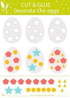 Vector Easter cut and glue activity. Holiday educational crafting game with cute colored eggs. Fun spring activity for kids. Decorate the eggs