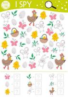 Easter I spy game for kids. Searching and counting activity for preschool children with traditional holiday objects. Funny spring printable worksheet for kids. Simple festive spotting puzzle. vector