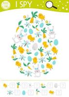 Easter I spy game for kids. Searching and counting activity for preschool children with traditional holiday objects framed in egg shape. Funny spring printable worksheet for kids. Simple puzzle vector