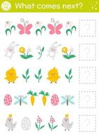 What comes next. Easter matching activity for preschool children with traditional holiday symbols. Funny educational puzzle. Logical worksheet. Continue the row. Simple spring game for kids vector