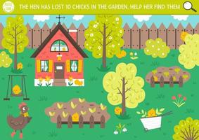 Vector Easter holiday searching game with cute hen and chickens in the garden. Find hidden chicks in the picture. Simple fun spring educational printable activity for kids with funny characters