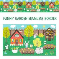 Vector seamless pattern brush with cute garden scene and animals. Spring scenery repeating border background with funny bunny, cottage, sheep, mouse, chicks gardening. Cute Easter texture