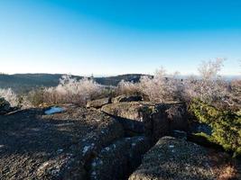 White snow and blue sky. Panoramic view of the silhouettes of the mountains. photo