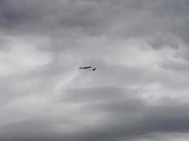 RC model of an airplane in the sky. Recreation and entertainment for children photo