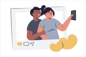 Young couple woman, man taking selfie photo on smartphone vector