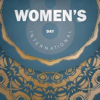 tarjeta de felicitación día internacional de la mujer en azul con patrón de oro de invierno vector