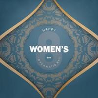 tarjeta de felicitación 8 de marzo día internacional de la mujer en azul con patrón dorado abstracto vector