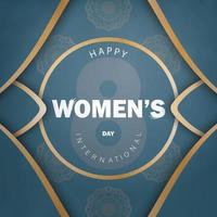 tarjeta de felicitación 8 de marzo día internacional de la mujer en azul con patrón de oro de invierno vector
