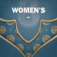 tarjeta de felicitación 8 de marzo día internacional de la mujer en azul con patrón dorado vintage vector